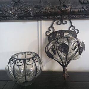 Vtg Blown Glass Twisted Metal Hanging Lantern Luminary Planter And Candle Holder